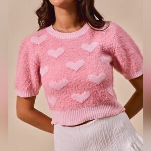 SO ME Heart Pop Out Y2K Cropped Pink Heart Knit Short Sleeve Fit Sweater Sz M, L